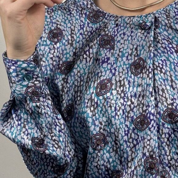 Vintage 80s Abstract Silky Satin Jewel Tone Blouse, Hong Kong - Picture 6 of 10